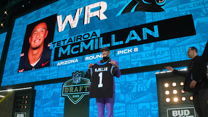 Apr 24, 2025; Green Bay, WI, USA; Arizona Wildcats wide receiver Tetairoa McMillan is selected by the Carolina Panthers as the number eight pick  in the first round of the 2025 NFL Draft at Lambeau Field. Mandatory Credit: Kirby Lee-Imagn Images