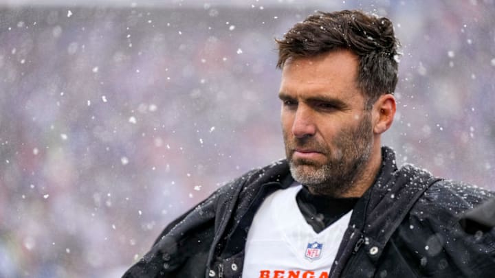 Cincinnati Bengals quarterback Joe Flacco (16) stands on the sideline in the second quarter of the NFL Week 14 game between the Buffalo Bills and the Cincinnati Bengals at Highmark Stadium in Orchard Park, N.Y., on Sunday, Dec. 7, 2025. Cincinnati Bengals quarterback Joe Flacco (16) stands on the sideline in the second quarter of the NFL Week 14 game between the Buffalo Bills and the Cincinnati Bengals at Highmark Stadium in Orchard Park, N.Y., on Sunday, Dec. 7, 2025.