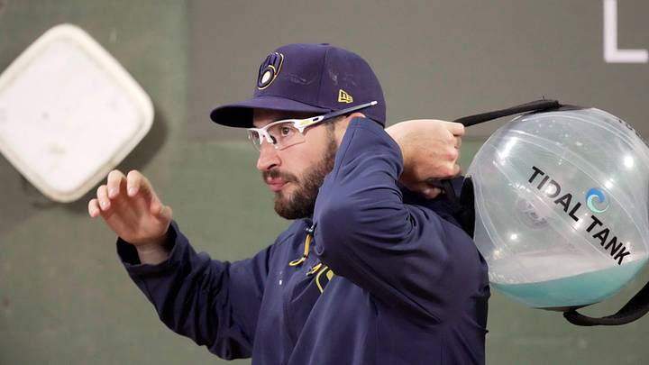 Milwaukee Brewers pitcher Aaron Ashby works out in the bullpen during the fifth inning of their game against the Pittsburgh Pirates Saturday, April 25, 2026 at American Family Field in Milwaukee, Wisconsin.
