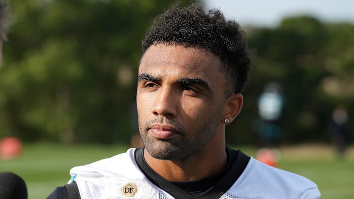Oct 5, 2023; Ware, United Kingdom; Jacksonville Jaguars wide receiver Christian Kirk (13) reacts during practice at Hanbury Manor Marriott. Mandatory Credit: Kirby Lee-Imagn Images