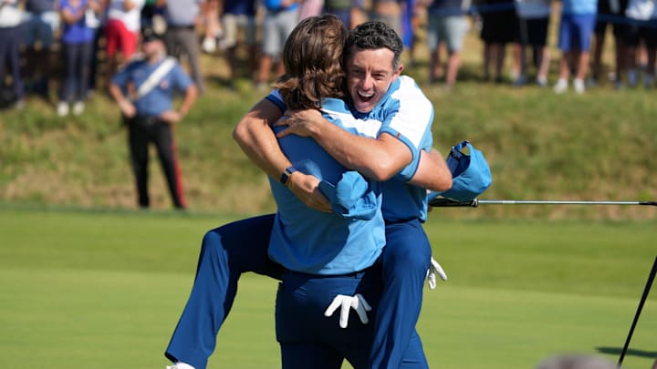 Sep 29, 2023; Rome, ITA; Team Europe golfer Tommy Fleetwood and golfer Rory McIlroy celebrate on the