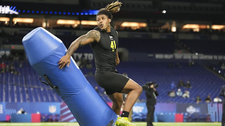 Feb 26, 2026; Indianapolis, IN, USA; Texas A&M defensive lineman Cashius Howell (DL41) during the NFL Scouting Combine  at Lucas Oil Stadium. Mandatory Credit: Kirby Lee-Imagn Images