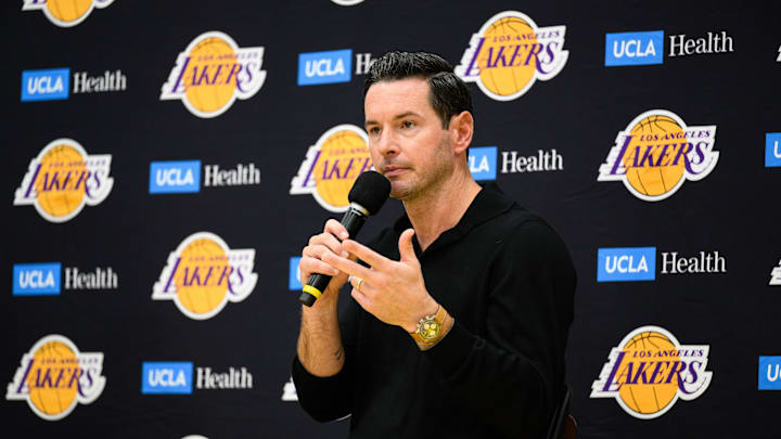 Sep 25, 2025; El Segundo, CA, USA; Los Angeles Lakers head coach JJ Redick speaks during a press conference to preview the 2025-26 season at UCLA Health Training Center. Mandatory Credit: William Liang-Imagn Images