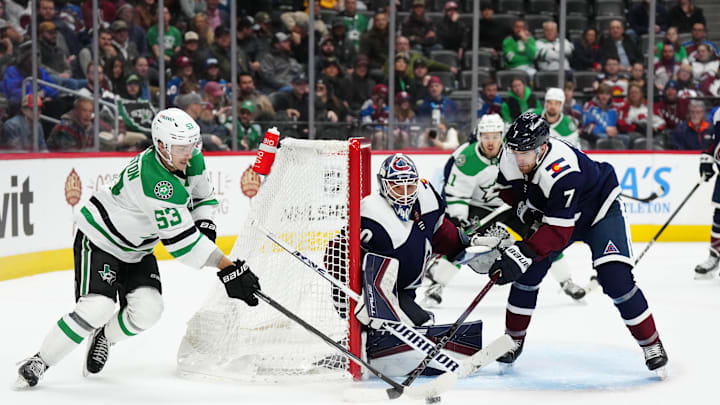 Feb 27, 2024; Denver, Colorado, USA; Dallas Stars center Wyatt Johnston (53) attempts to score on
