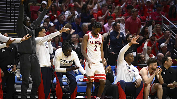 Mar 20, 2026; San Diego, CA, USA; The Arizona Wildcats bench reacts in the first half against the LIU Sharks during a first round game of the men's 2026 NCAA Tournament at Viejas Arena. Mandatory Credit: Denis Poroy-Imagn Images Mar 20, 2026; San Diego, CA, USA; The Arizona Wildcats bench reacts in the first half against the LIU Sharks during a first round game of the men's 2026 NCAA Tournament at Viejas Arena. Mandatory Credit: Denis Poroy-Imagn Images