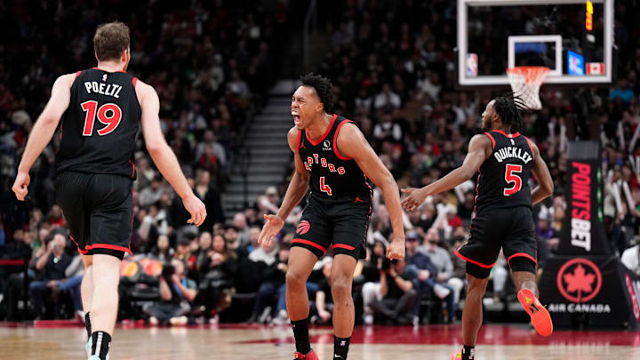 Scottie Barnes, Immanuel Quickley and Jakob Poeltl, Toronto Raptors