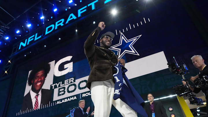 Alabama Crimson Tide offensive lineman Tyler Booker is selected by the Dallas Cowboys in the first round of the 2025 NFL Draft. Alabama Crimson Tide offensive lineman Tyler Booker is selected by the Dallas Cowboys in the first round of the 2025 NFL Draft.
