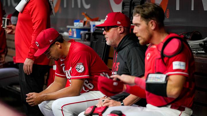 Cincinnati Reds pitcher Chase Burns (26) gathers himself in the dugout after the top of the third inning of the MLB National League game between the Cincinnati Reds and the Colorado Rockies at Great American Ball Park in downtown Cincinnati on Tuesday, April 28, 2026. The Reds led 4-1 after three innings. Cincinnati Reds pitcher Chase Burns (26) gathers himself in the dugout after the top of the third inning of the MLB National League game between the Cincinnati Reds and the Colorado Rockies at Great American Ball Park in downtown Cincinnati on Tuesday, April 28, 2026. The Reds led 4-1 after three innings.