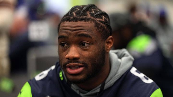 Seattle Seahawks quarterback Jalen Milroe talks to the media