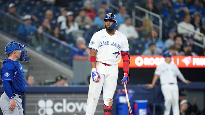 Apr 6, 2026; Toronto, Ontario, CAN; Toronto Blue Jays first baseman Vladimir Guerrero Jr. (27) reacts to a third strike call against the Los Angeles Dodgers during the eighth inning at Rogers Centre. Mandatory Credit: Nick Turchiaro-Imagn Images