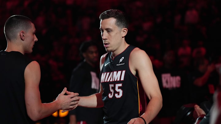Jan 19, 2025; Miami, Florida, USA; Miami Heat forward Duncan Robinson (55) is introduced during pregame ceremonies before the game against the San Antonio Spurs at Kaseya Center. Mandatory Credit: Jim Rassol-Imagn Images Jan 19, 2025; Miami, Florida, USA; Miami Heat forward Duncan Robinson (55) is introduced during pregame ceremonies before the game against the San Antonio Spurs at Kaseya Center. Mandatory Credit: Jim Rassol-Imagn Images