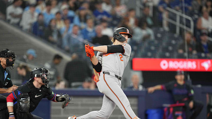 Jun 3, 2024; Toronto, Ontario, CAN; Baltimore Orioles shortstop Gunnar Henderson (2) hits a double against the Toronto Blue Jays during the ninth inning at Rogers Centre. Mandatory Credit: Nick Turchiaro-USA TODAY Sports Jun 3, 2024; Toronto, Ontario, CAN; Baltimore Orioles shortstop Gunnar Henderson (2) hits a double against the Toronto Blue Jays during the ninth inning at Rogers Centre. Mandatory Credit: Nick Turchiaro-USA TODAY Sports