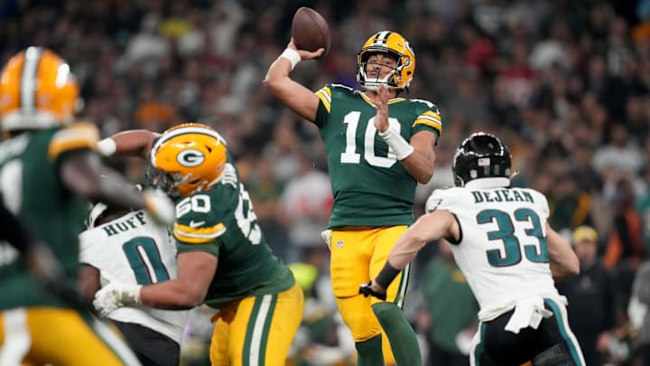 Sep 6, 2024; Sao Paulo, BRA; Green Bay Packers quarterback Jordan Love (10) throws during the second half against the Philadelphia Eagles at Neo Quimica Arena. Mandatory Credit: Kirby Lee-Imagn Images