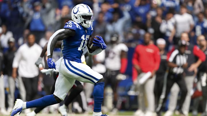 Sep 8, 2024; Indianapolis, Indiana, USA; Indianapolis Colts wide receiver Ashton Dulin (16) rushes the ball Sunday, Sept. 8, 2024, during a game against the Houston Texans at Lucas Oil Stadium. 