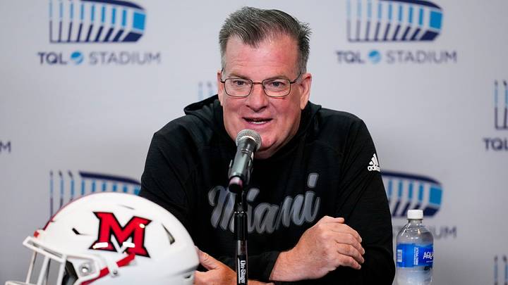 Miami RedHawks head football coach Chuck Martin takes questions during a press conference to announce the neutral site for the upcoming Battle of the Victory Bell football game at TQL Stadium in Cincinnati on Tuesday, June 16, 2026. The rivalry college football game between the University of Cincinnati Bearcats and the Miami RedHawks will be played at TQL Stadium.