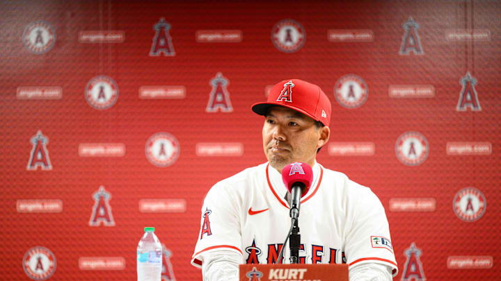 Oct 22, 2025; Los Angeles, CA, USA; Los Angeles Angels manager Kurt Suzuki speaks during a press conference at Angel Stadium. Mandatory Credit: William Liang-Imagn Images Oct 22, 2025; Los Angeles, CA, USA; Los Angeles Angels manager Kurt Suzuki speaks during a press conference at Angel Stadium. Mandatory Credit: William Liang-Imagn Images