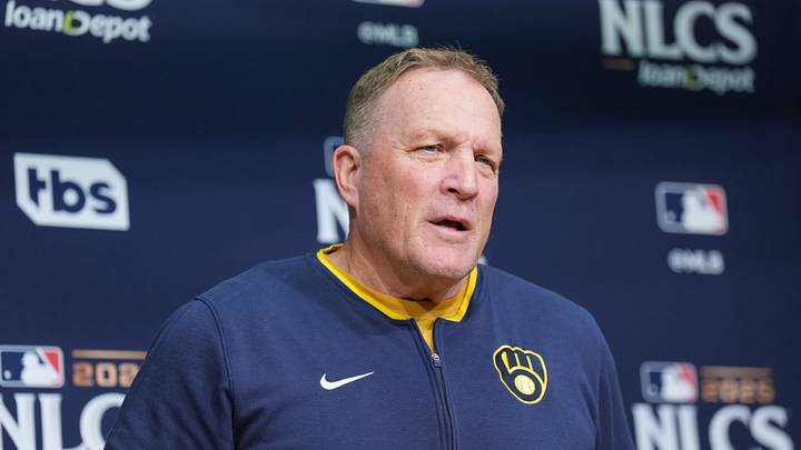 Oct 16, 2025; Los Angeles, California, USA; Milwaukee Brewers manager Pat Murphy (49) speaks in a press conference before game three against the Los Angeles Dodgers in the NLCS round for the 2025 MLB playoffs at Dodger Stadium. Mandatory Credit: Kirby Lee-Imagn Images Oct 16, 2025; Los Angeles, California, USA; Milwaukee Brewers manager Pat Murphy (49) speaks in a press conference before game three against the Los Angeles Dodgers in the NLCS round for the 2025 MLB playoffs at Dodger Stadium. Mandatory Credit: Kirby Lee-Imagn Images