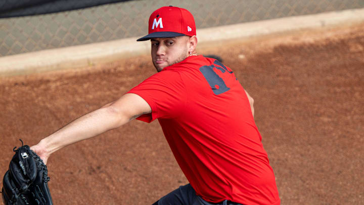 Feb 18, 2025; Lee County, FL, USA; Minnesota Twins pitcher Eiberson Castellano (63) warming up in the bullpen  during spring training at the Lee Health Sports Complex. Mandatory Credit: Chris Tilley-Imagn Images