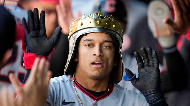 May 7, 2026; Kansas City, Missouri, USA; Cleveland Guardians catcher Bo Naylor (23) is congratulated by teammates after hitting a home run during the seventh inning against the Kansas City Royals at Kauffman Stadium. Mandatory Credit: Jay Biggerstaff-Imagn Images