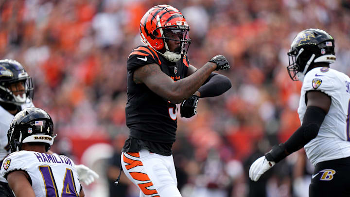 Sep 17, 2023; Cincinnati, Ohio, USA; Cincinnati Bengals wide receiver Tee Higgins (5) celebrates a catch in the second quarter against the Baltimore Ravens at Paycor Stadium. Mandatory Credit: Albert Cesare-USA TODAY Sports