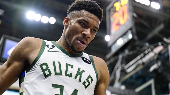Mar 24, 2023; Salt Lake City, Utah, USA; Milwaukee Bucks forward Giannis Antetokounmpo (34) reacts after making a basket against the Utah Jazz during the second half at Vivint Arena. 