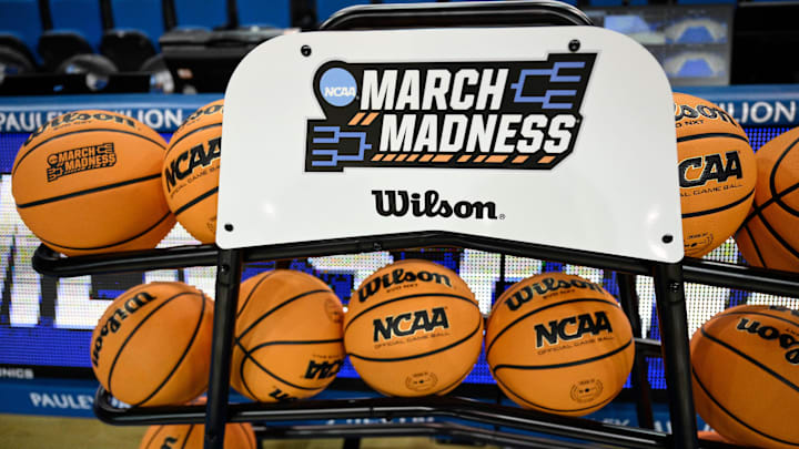 Mar 21, 2025; Los Angeles, California, USA; Basketballs sit in a rack before the start of the NCAA Tournament First Round game between Georgia Tech and Richmond at Pauley Pavilion presented by Wescom. Mandatory Credit: Robert Hanashiro-Imagn Images