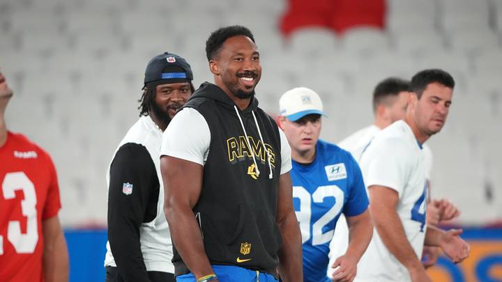 Sep 10, 2026; Melbourne, Victoria, Australia; Los Angeles Rams defensive end Myles Garrett (95) during practice at Marvel Stadium. Mandatory Credit: Kirby Lee-Imagn Images Sep 10, 2026; Melbourne, Victoria, Australia; Los Angeles Rams defensive end Myles Garrett (95) during practice at Marvel Stadium. Mandatory Credit: Kirby Lee-Imagn Images