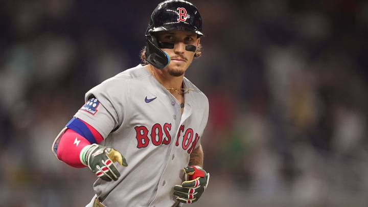 Aug 25, 2026; Miami, Florida, USA;  Boston Red Sox's Jarren Duran (16) points to his dugout after hitting a grand slam in the 11th inning against the Miami Marlins at loanDepot Park.  Mandatory Credit: Jim Rassol-Imagn Images
