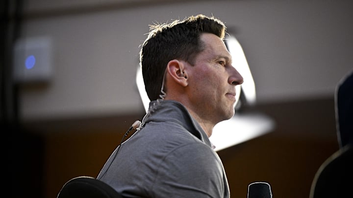 Dec 9, 2024; Dallas, TX, USA; Boston Red Sox chief baseball officer Craig Breslow speaks with the media 
at the Hilton Anatole during the 2024 MLB Winter Meetings. Mandatory Credit: Jerome Miron-Imagn Images