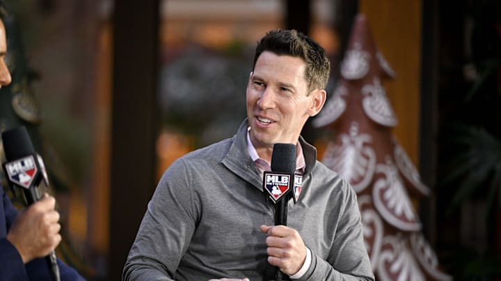 Dec 9, 2024; Dallas, TX, USA; Boston Red Sox chief baseball officer Craig Breslow speaks with the media 
at the Hilton Anatole during the 2024 MLB Winter Meetings. Mandatory Credit: Jerome Miron-Imagn Images