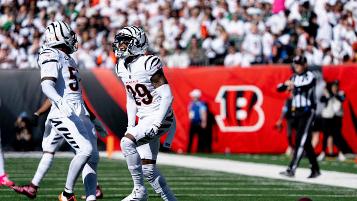 Cincinnati Bengals cornerback Cam Taylor-Britt (29) reacts to making a defensive stop in the second quarter of the NFL game against the Philadelphia Eagles at Paycor Stadium in Cincinnati on Sunday, Oct. 27, 2024.