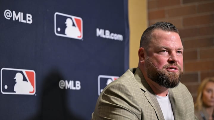 Toronto Blue Jays manager John Schneider speaks with the media at the Hilton Anatole during the 2024 MLB Winter Meetings.