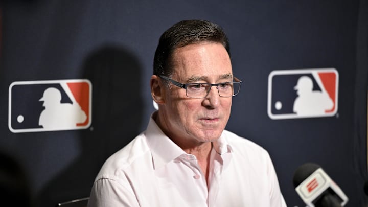 Dec 9, 2024; Dallas, TX, USA; San Francisco Giants manager Bob Melvin speaks with the media at the Hilton Anatole during the 2024 MLB Winter Meetings. 