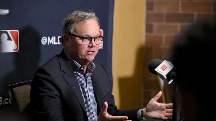 Dec 9, 2024; Dallas, TX, USA; San Diego Padres manager Mike Shildt speaks with the media at the Hilton Anatole during the 2024 MLB Winter Meetings. Mandatory Credit: Jerome Miron-Imagn Images
