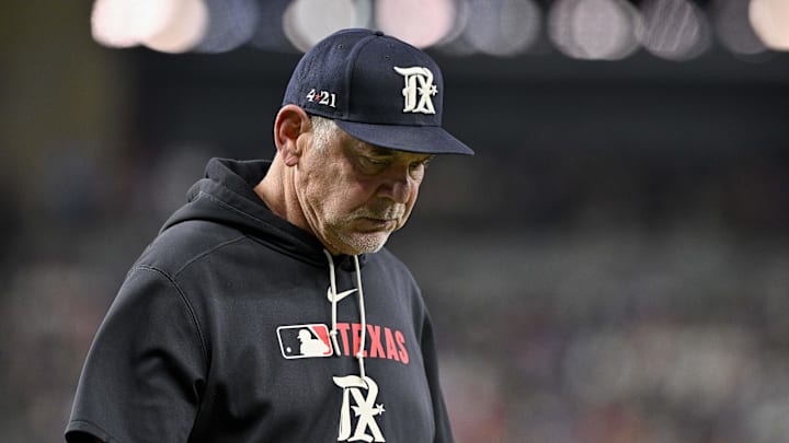 Jul 25, 2025; Arlington, Texas, USA; Texas Rangers manager Bruce Bochy (15) during the game between the Texas Rangers and the Atlanta Braves at Globe Life Field. Mandatory Credit: Jerome Miron-Imagn Images
