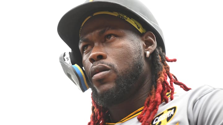Jul 30, 2025; San Francisco, California, USA; Pittsburgh Pirates center fielder Oneil Cruz (15) looks on against the San Francisco Giants in the ninth inning at Oracle Park. Mandatory Credit: Eakin Howard-Imagn Images
