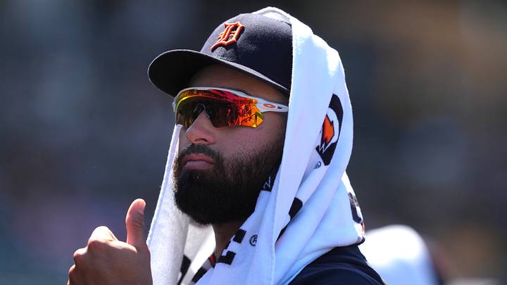West Sacramento, California, USA; Detroit Tigers left fielder Riley Greene (31) gestures during the fifth inning against the Athletics at Sutter Health Park. Mandatory Credit: Darren Yamashita-Imagn Images