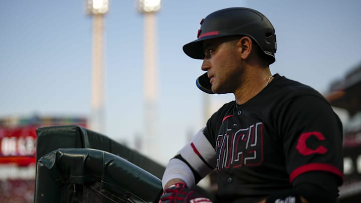 Cincinnati Reds first baseman Joey Votto (19) waits to bat in the third inning of the MLB Interleague game between the Cincinnati Reds and the Toronto Blue Jays at Great American Ball Park in downtown Cincinnati on Friday, Aug. 18, 2023. The game was scoreless after four innings.