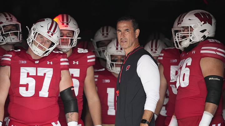 Oct 18, 2025; Madison, Wisconsin, USA;  Wisconsin Badgers head coach Luke Fickell during warmups prior to the game against the Ohio State Buckeyes at Camp Randall Stadium. Mandatory Credit: Jeff Hanisch-Imagn Images