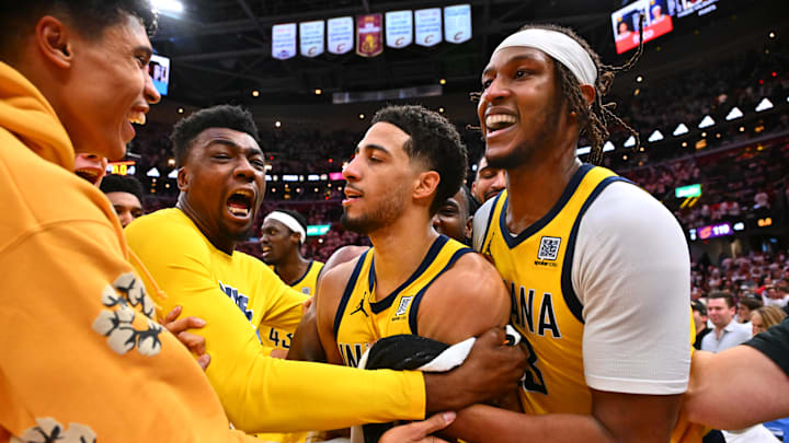 The Indiana Pacers celebrate Tyrese Haliburton's (center) game-winning shot with 1.1 seconds remaining in Game 2 of the Eastern Conference Semifinals.