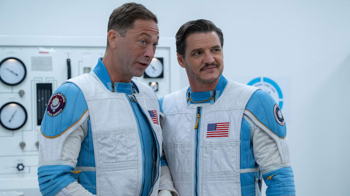 (L-R): Ebon Moss-Bachrach as Ben Grimm/The Thing and Pedro Pascal as Reed Richards/Mister Fantastic in 20th Century Studios/Marvel Studios' THE FANTASTIC FOUR: FIRST STEPS. Photo by Jay Maidment. © 2025 20th Century Studios / © and ™ 2025 MARVEL.