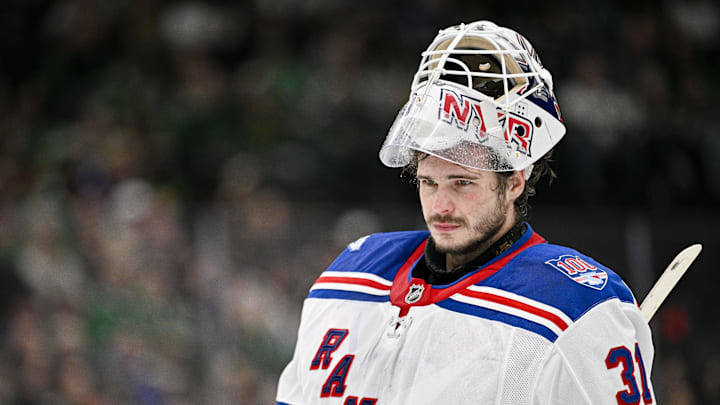 Apr 11, 2026; Dallas, Texas, USA; New York Rangers goaltender Igor Shesterkin (31) skates back on the ice during the second period against the Dallas Stars at the American Airlines Center. Mandatory Credit: Jerome Miron-Imagn Images Apr 11, 2026; Dallas, Texas, USA; New York Rangers goaltender Igor Shesterkin (31) skates back on the ice during the second period against the Dallas Stars at the American Airlines Center. Mandatory Credit: Jerome Miron-Imagn Images