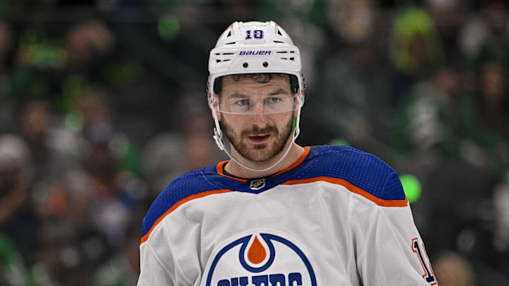 May 25, 2024; Dallas, Texas, USA; Edmonton Oilers left winger Zach Hyman (18) in action during the game between the Dallas Stars and the Edmonton Oilers in game two of the Western Conference Final of the 2024 Stanley Cup Playoffs at American Airlines Center. Mandatory Credit: Jerome Miron-USA TODAY Sports