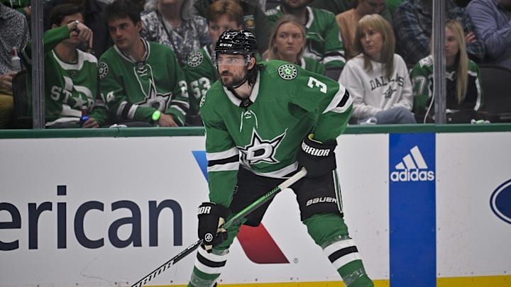 May 25, 2024; Dallas, Texas, USA; Dallas Stars defenseman Chris Tanev (3) in action during the game between the Dallas Stars and the Edmonton Oilers in game two of the Western Conference Final of the 2024 Stanley Cup Playoffs at American Airlines Center. Mandatory Credit: Jerome Miron-USA TODAY Sports