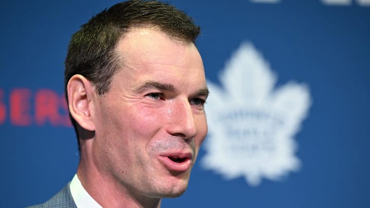 May 4, 2026; Toronto, Ontario, CANADA;  Toronto Maple Leafs general manager John Chayka speaks to the media during an introductory news conference at Real Sports Bar and Grill. Mandatory Credit: Dan Hamilton-Imagn Images