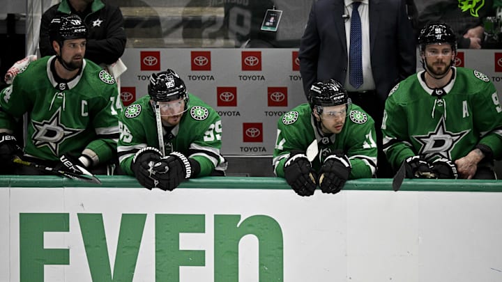 Apr 11, 2024; Dallas, Texas, USA; Dallas Stars left wing Jamie Benn (14) and center Matt Duchene