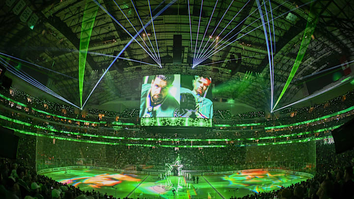 May 17, 2025; Dallas, Texas, USA; A view of the arena and lasers and rink before the game between the Dallas Stars and the Winnipeg Jets in game six of the second round of the 2025 Stanley Cup Playoffs at American Airlines Center. Mandatory Credit: Jerome Miron-Imagn Images