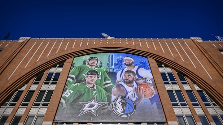 Oct 28, 2025; Dallas, Texas, USA; An exterior view of the arena with the banner images of Dallas Stars right wing Mikko Rantanen and Stars defenseman Miro Heiskanen and Dallas Mavericks guard Kyrie Irving and Mavericks forward Anthony Davis and before the game between the Stars and the Washington Capitals at the American Airlines Center. Mandatory Credit: Jerome Miron-Imagn Images