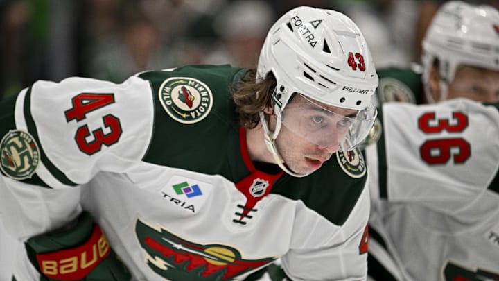 Apr 9, 2026; Dallas, Texas, USA; Minnesota Wild defenseman Quinn Hughes (43) looks on during the second period against the Dallas Stars at the American Airlines Center. Mandatory Credit: Jerome Miron-Imagn Images