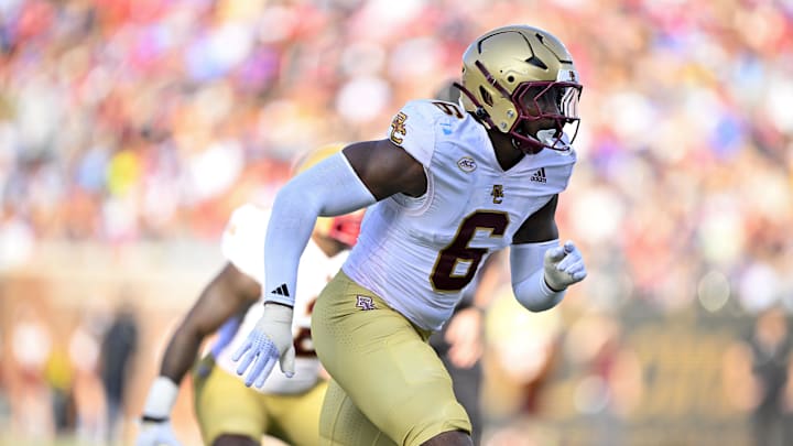 Nov 16, 2024; Dallas, Texas, USA; Boston College Eagles defensive end Donovan Ezeiruaku (6) in action during the game between the SMU Mustangs and the Boston College Eagles at Gerald J. Ford Stadium. Mandatory Credit: Jerome Miron-Imagn Images